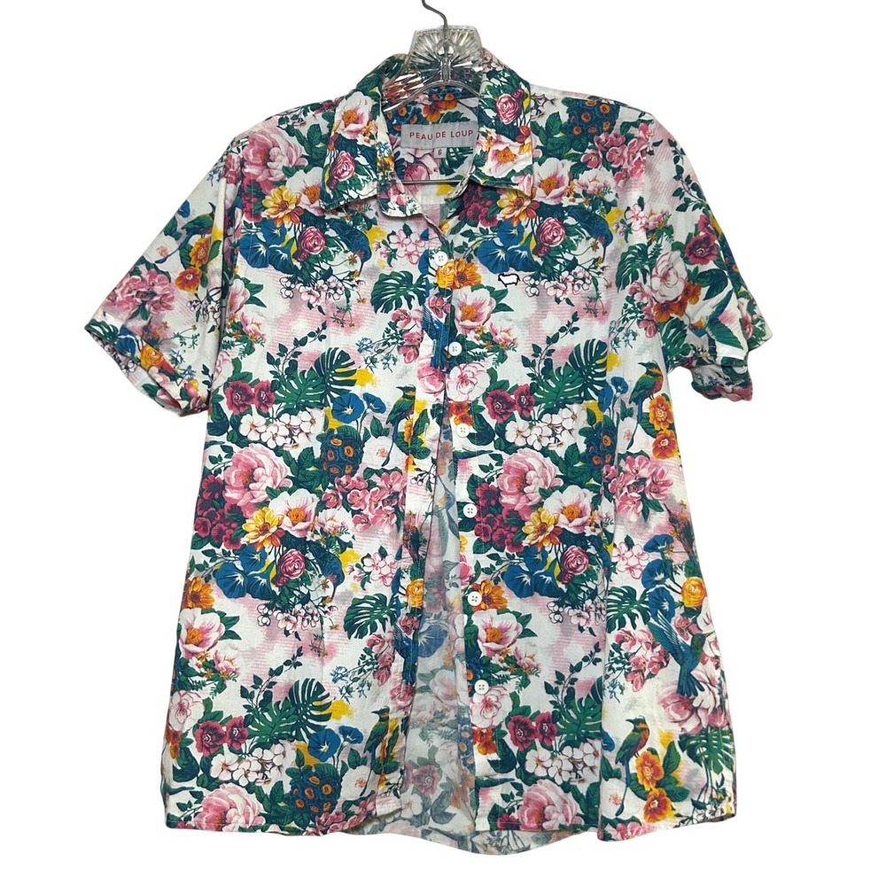 Peau De Loup Tropical Floral Bird Print Short Sleeve Button Up Shirt Size 6